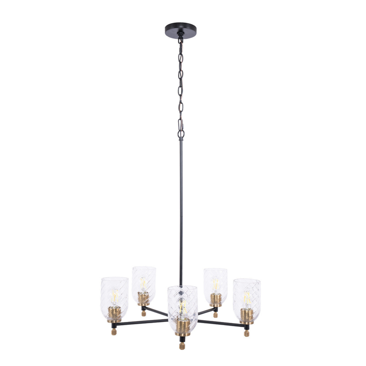 Council Light Chandelier in Flat Black/Satin Brass (Clear Swirl Texture Glass)
