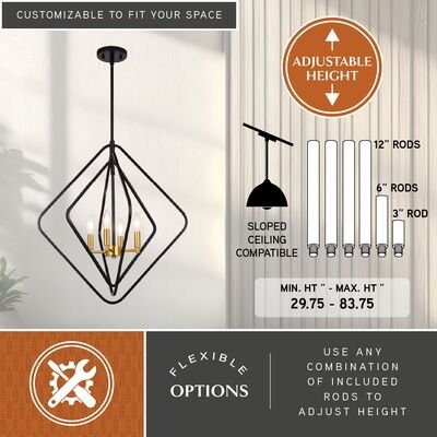 Brady 22 - in. 4 Light Pendant Black and Satin Brass - Orvon Lighting
