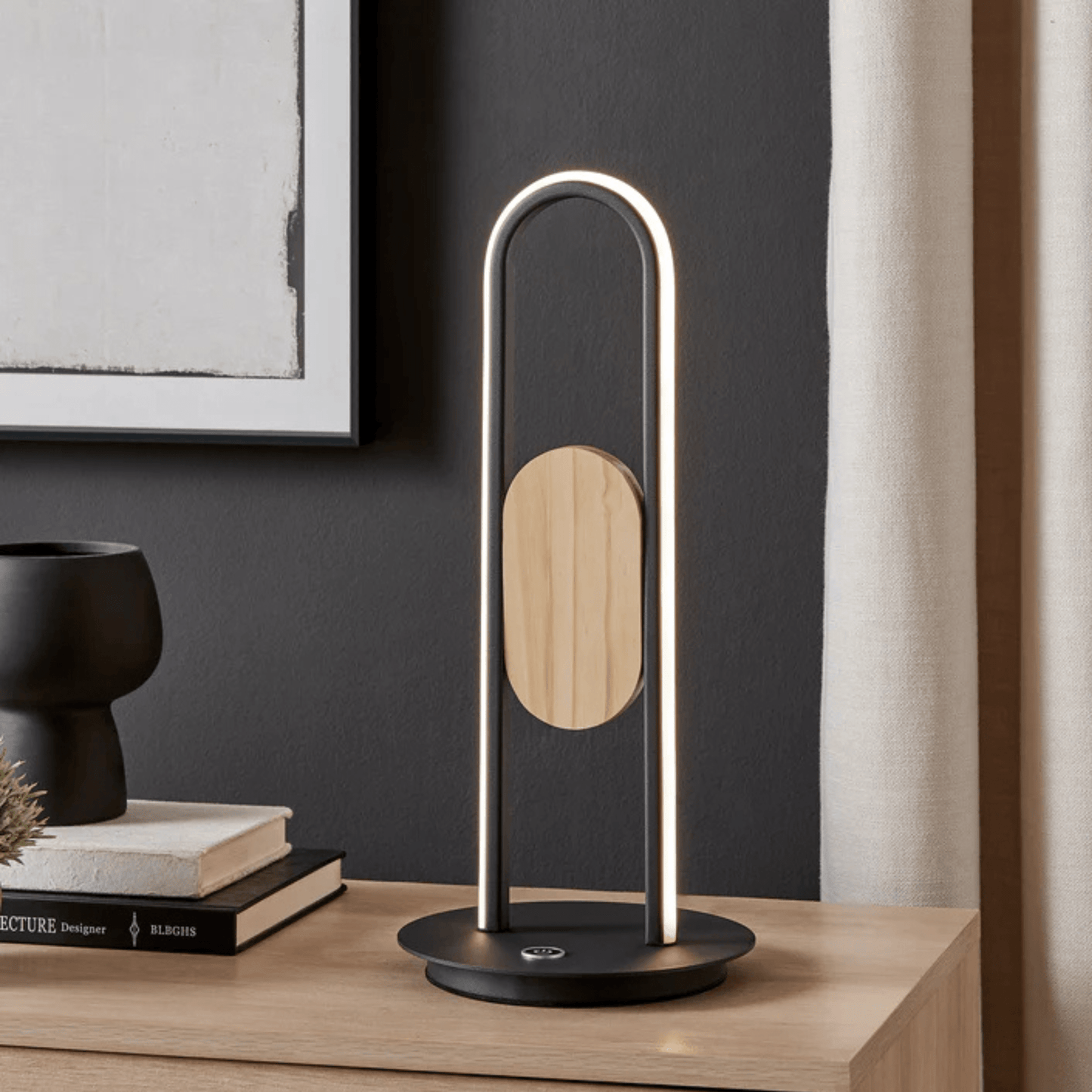 Table Lamp Satin Black & Wood - Orvon Lighting