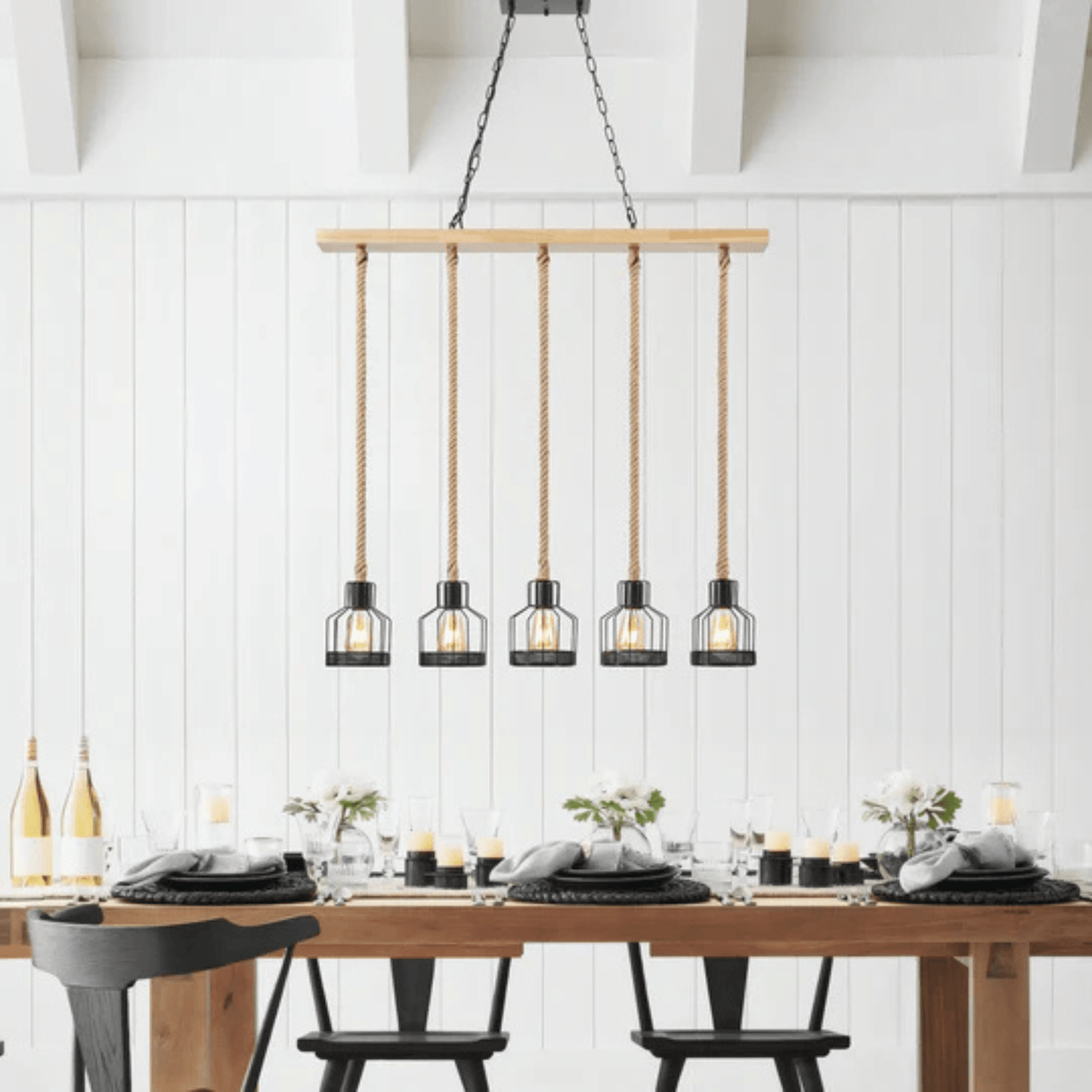 Wood and Ropes 5 Light Chandelier Black - Orvon Lighting