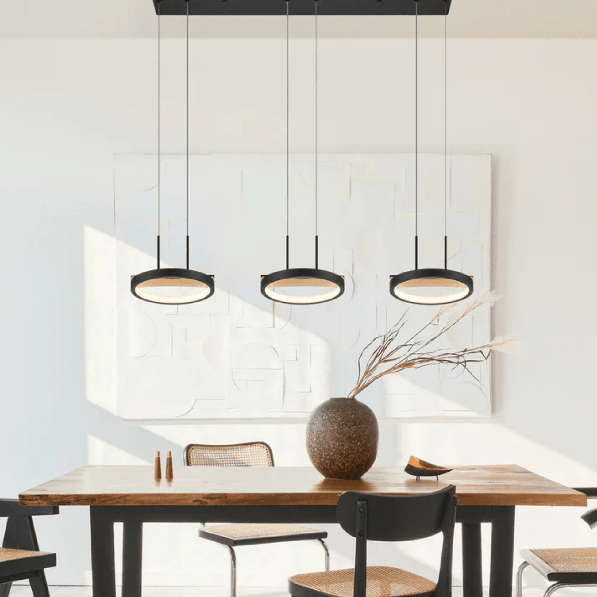 3 heads Satin Black & Wood Chandelier - Orvon Lighting