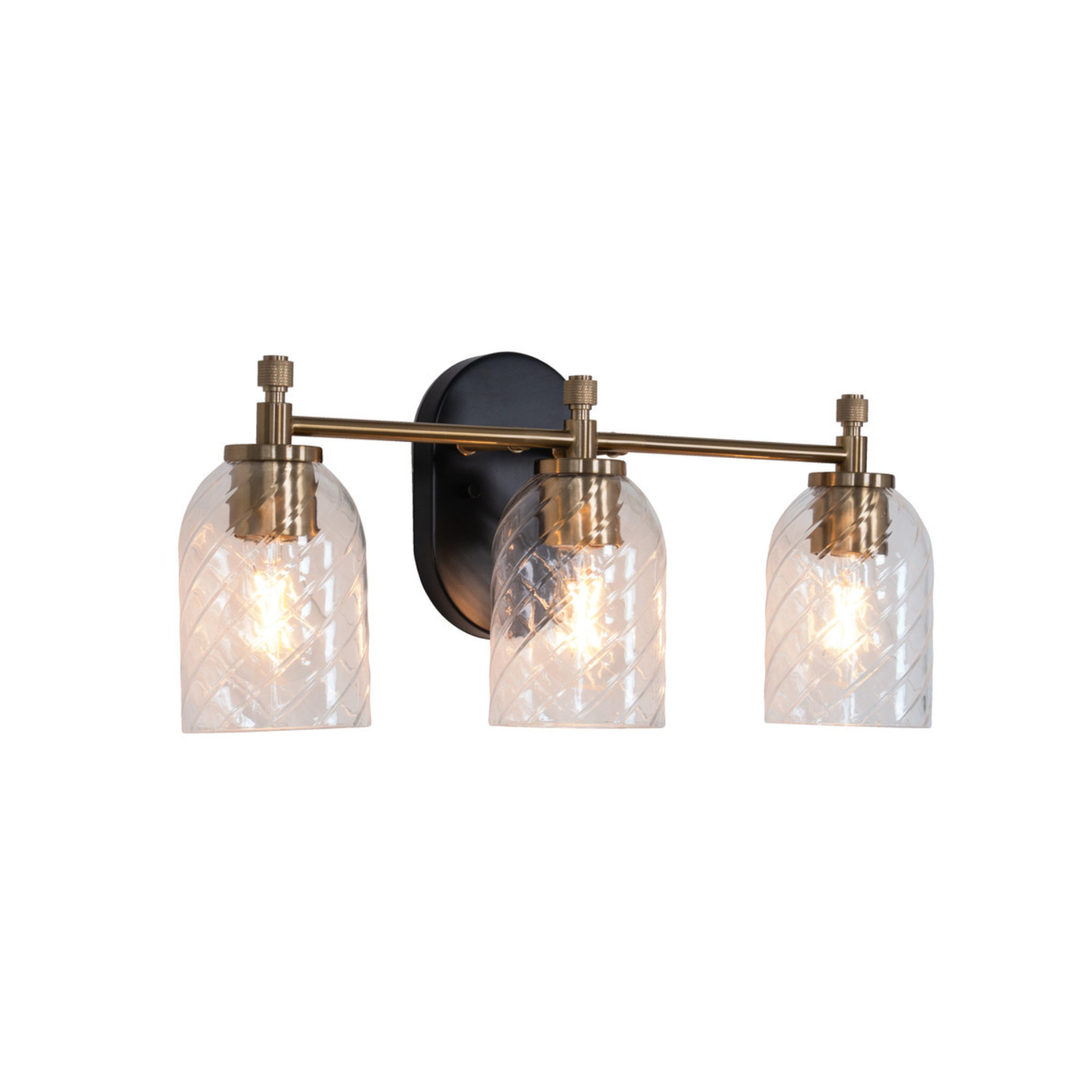 Council 3 Light Vanity in Flat Black/Satin Brass (Clear Swirl Texture Glass)