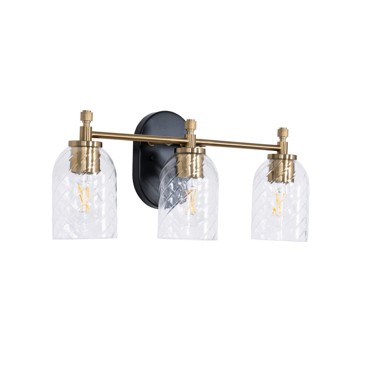 Council 3 Light Vanity in Flat Black/Satin Brass (Clear Swirl Texture Glass)