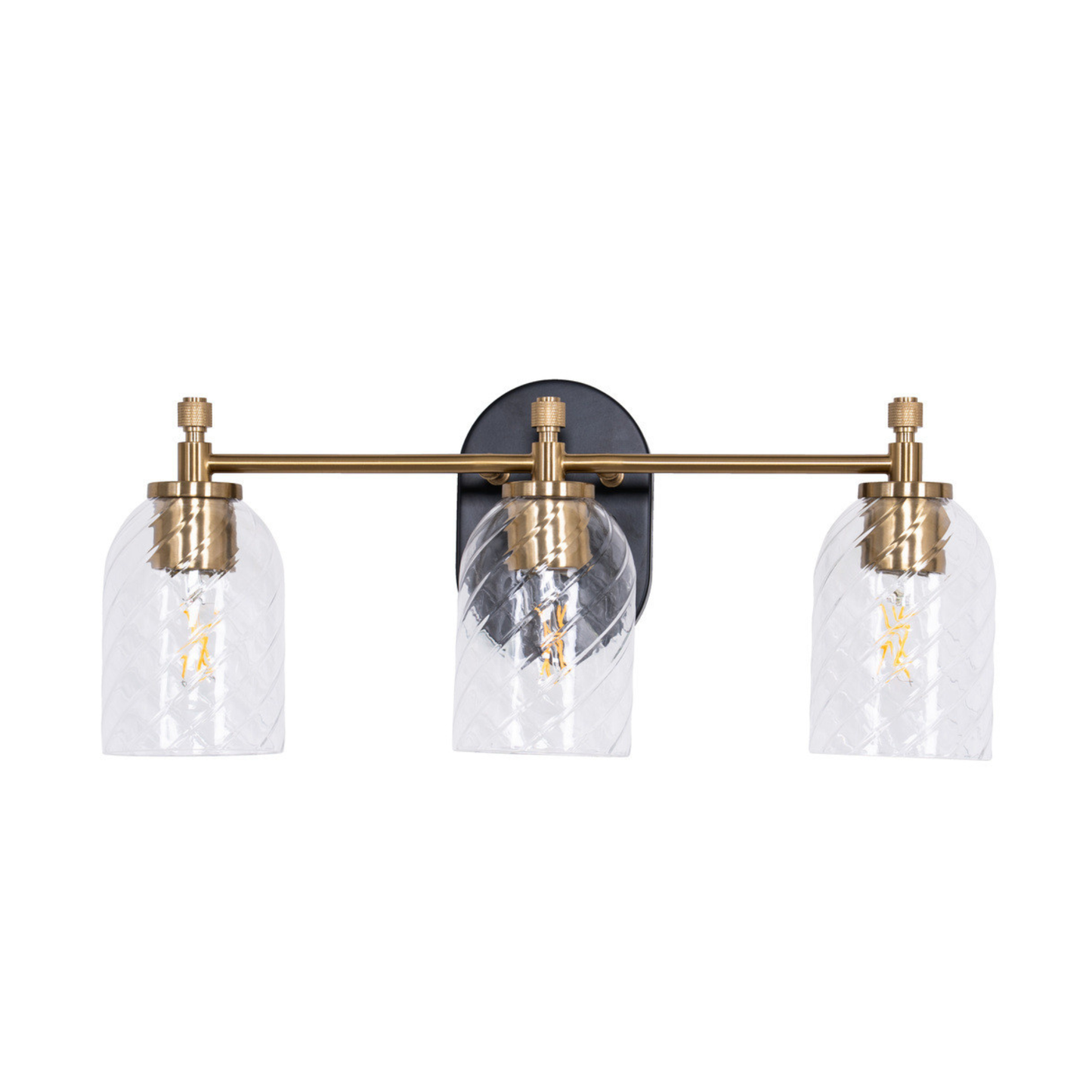 Council 3 Light Vanity in Flat Black/Satin Brass (Clear Swirl Texture Glass)
