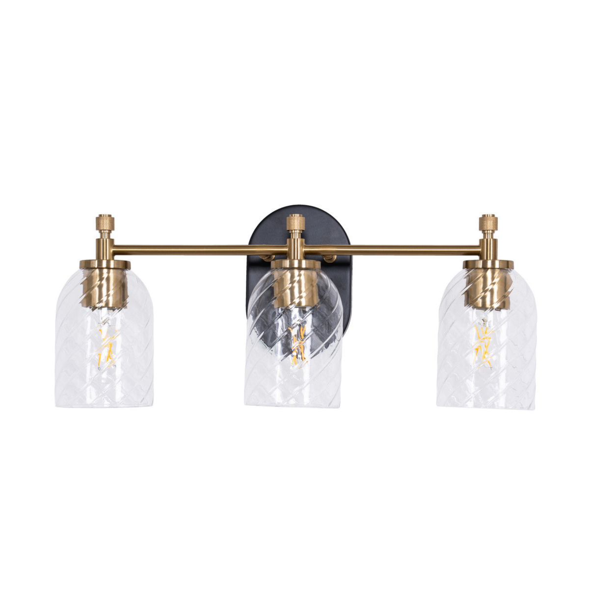 Council 3 Light Vanity in Flat Black/Satin Brass (Clear Swirl Texture Glass)