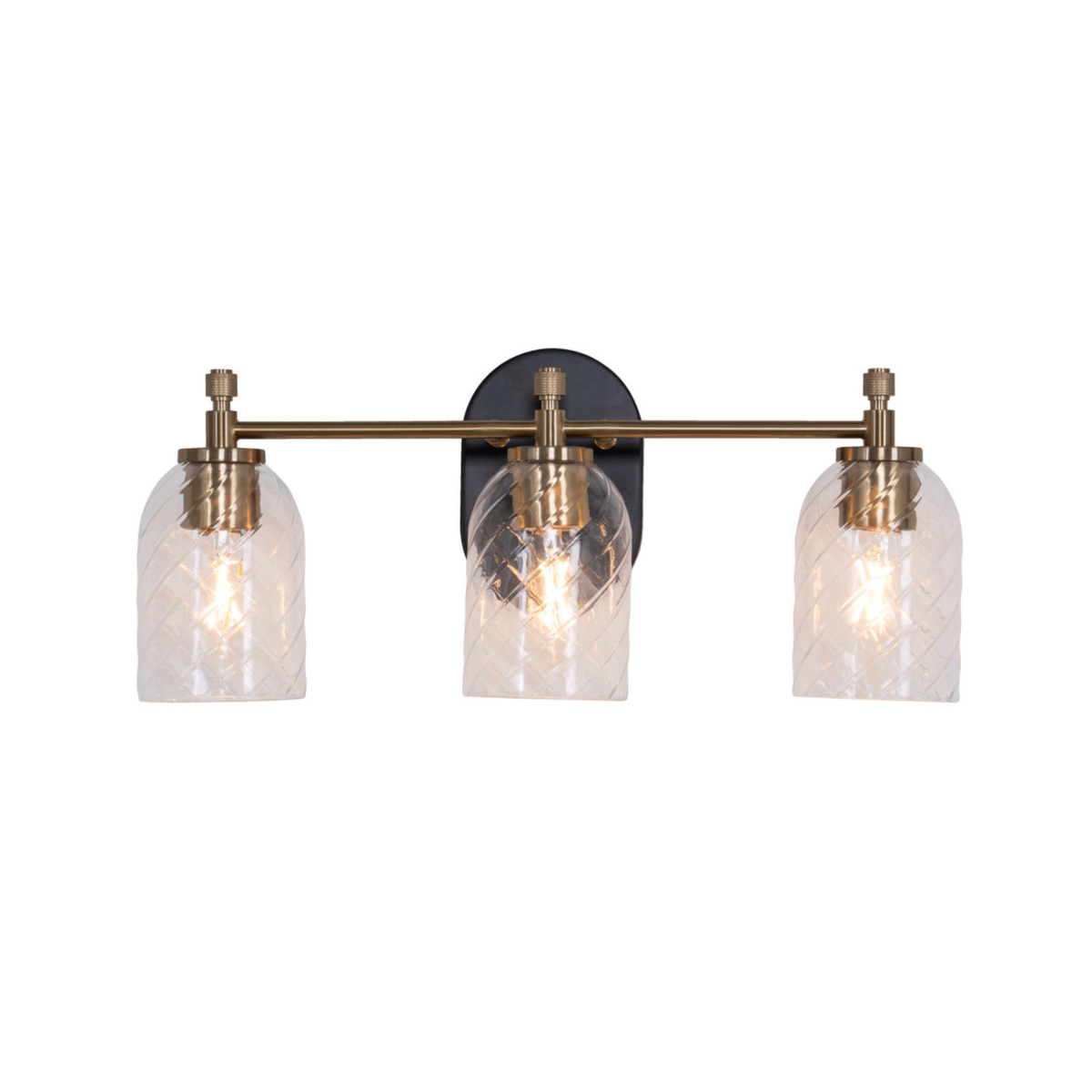 Council 3 Light Vanity in Flat Black/Satin Brass (Clear Swirl Texture Glass)