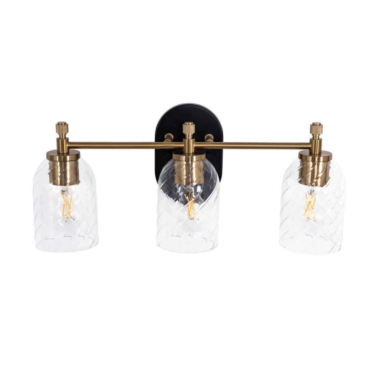 Council 3 Light Vanity in Flat Black/Satin Brass (Clear Swirl Texture Glass)