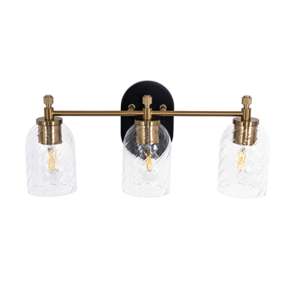 Council 3 Light Vanity in Flat Black/Satin Brass (Clear Swirl Texture Glass)