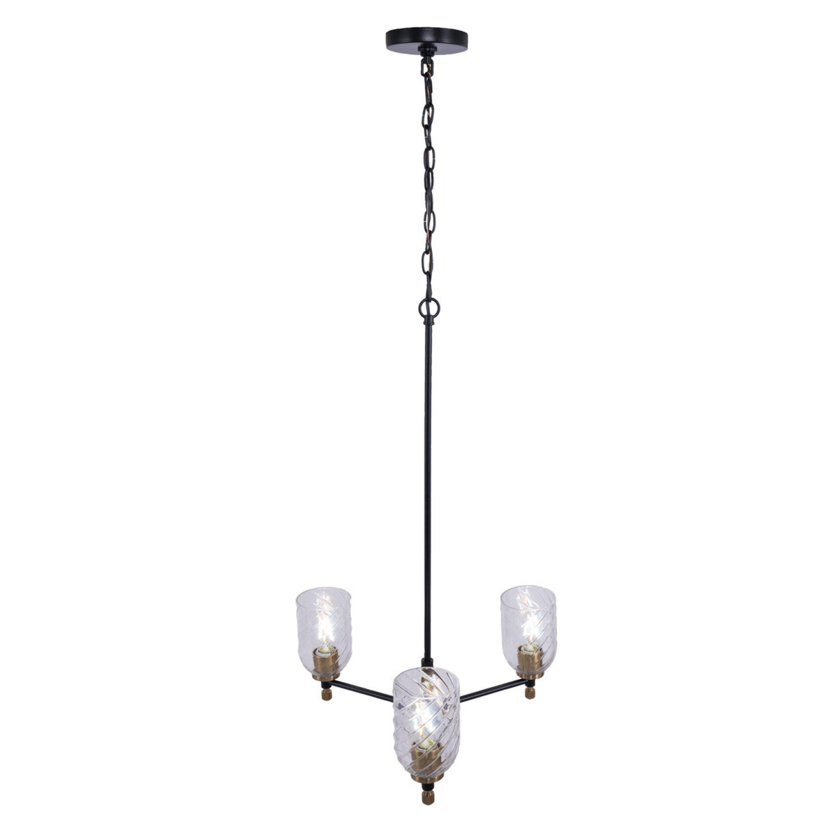 Council  Light Chandelier in Flat Black/Satin Brass (Clear Swirl Texture Glass)