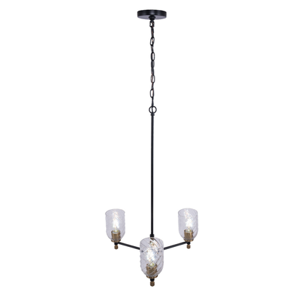 Council 3 Light Chandelier in Flat Black/Satin Brass (Clear Swirl Texture Glass)