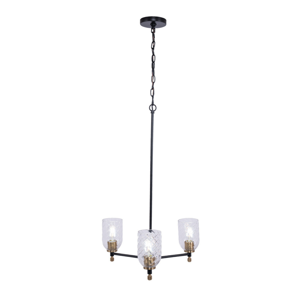 Council  Light Chandelier in Flat Black/Satin Brass (Clear Swirl Texture Glass)