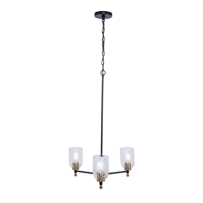 Council 3 Light Chandelier in Flat Black/Satin Brass (Clear Swirl Texture Glass)