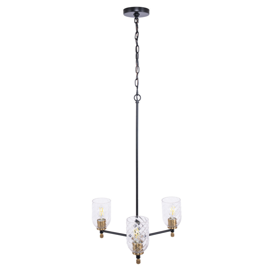 Council  Light Chandelier in Flat Black/Satin Brass (Clear Swirl Texture Glass)