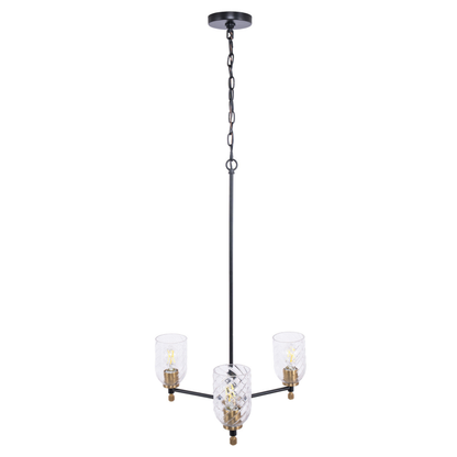 Council 3 Light Chandelier in Flat Black/Satin Brass (Clear Swirl Texture Glass)