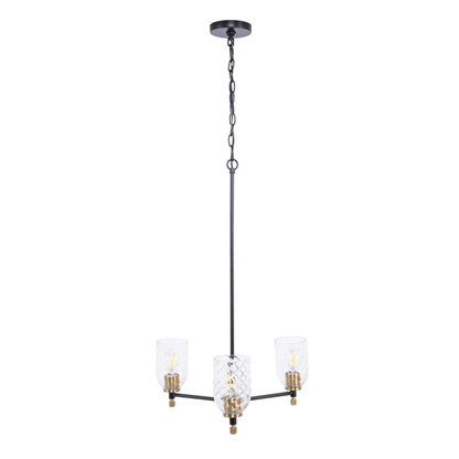 Council 3 Light Chandelier in Flat Black/Satin Brass (Clear Swirl Texture Glass)