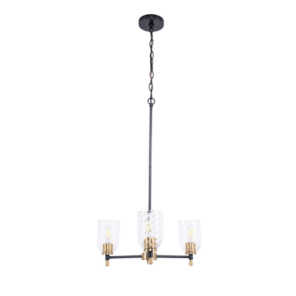 Council 3 Light Chandelier in Flat Black/Satin Brass (Clear Swirl Texture Glass)