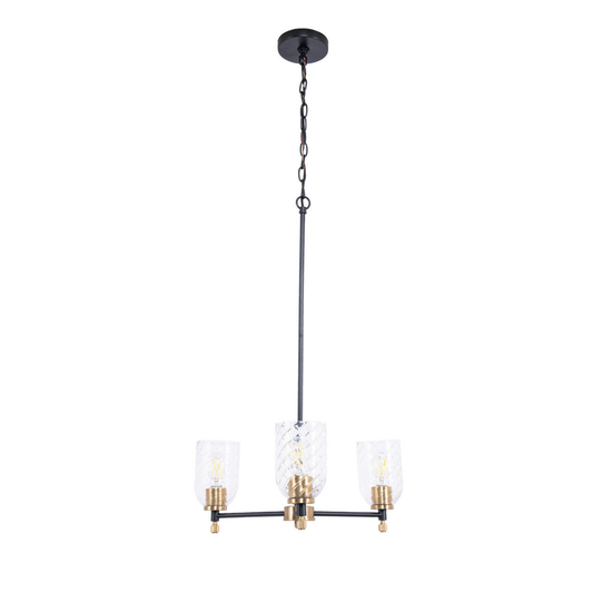 Council 3 Light Chandelier in Flat Black/Satin Brass (Clear Swirl Texture Glass)