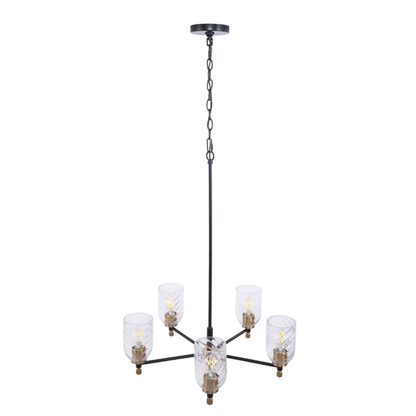 Council 5 Light Chandelier in Flat Black/Satin Brass (Clear Swirl Texture Glass)