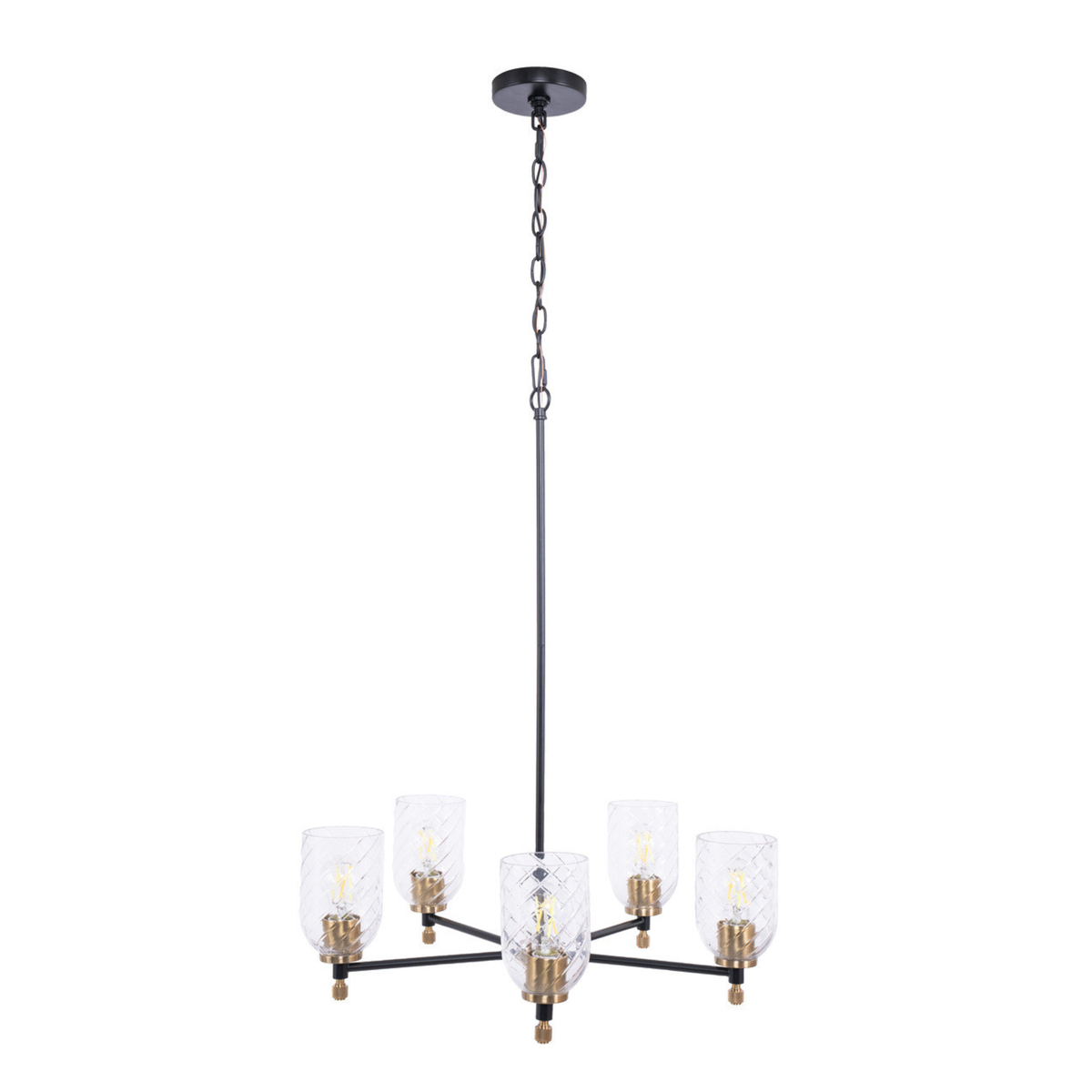 Council  Light Chandelier in Flat Black/Satin Brass (Clear Swirl Texture Glass)