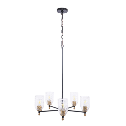 Council 5 Light Chandelier in Flat Black/Satin Brass (Clear Swirl Texture Glass)
