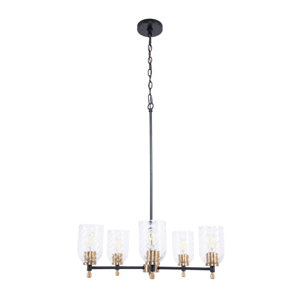 Council  Light Chandelier in Flat Black/Satin Brass (Clear Swirl Texture Glass)