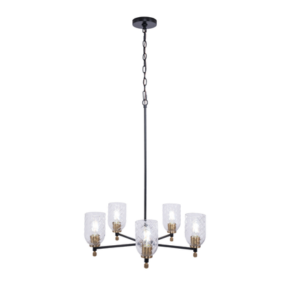 Council 5 Light Chandelier in Flat Black/Satin Brass (Clear Swirl Texture Glass)