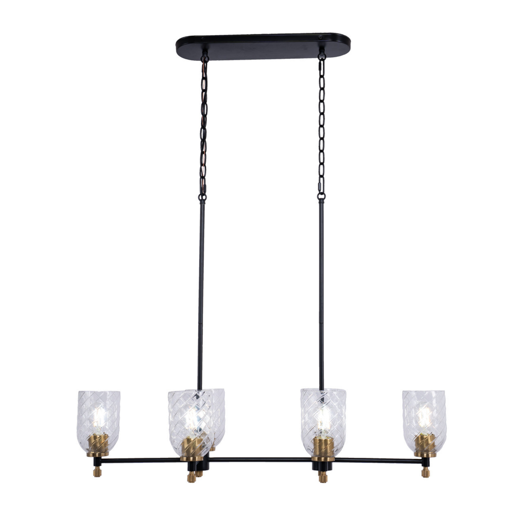 Council 6 Light Island in Flat Black/Satin Brass (Clear Swirl Texture Glass)