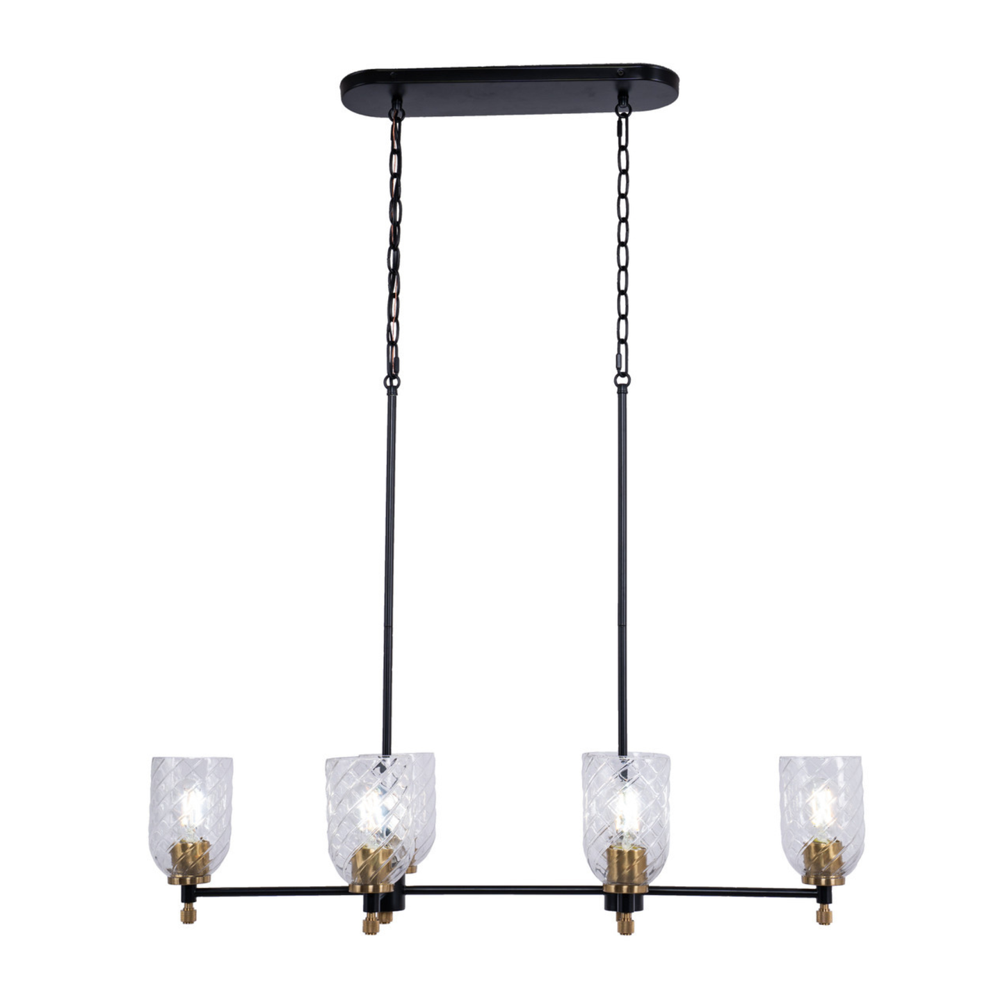 Council 6 Light Island in Flat Black/Satin Brass (Clear Swirl Texture Glass)