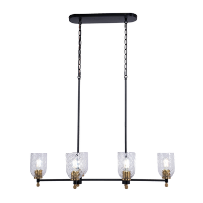 Council 6 Light Island in Flat Black/Satin Brass (Clear Swirl Texture Glass)