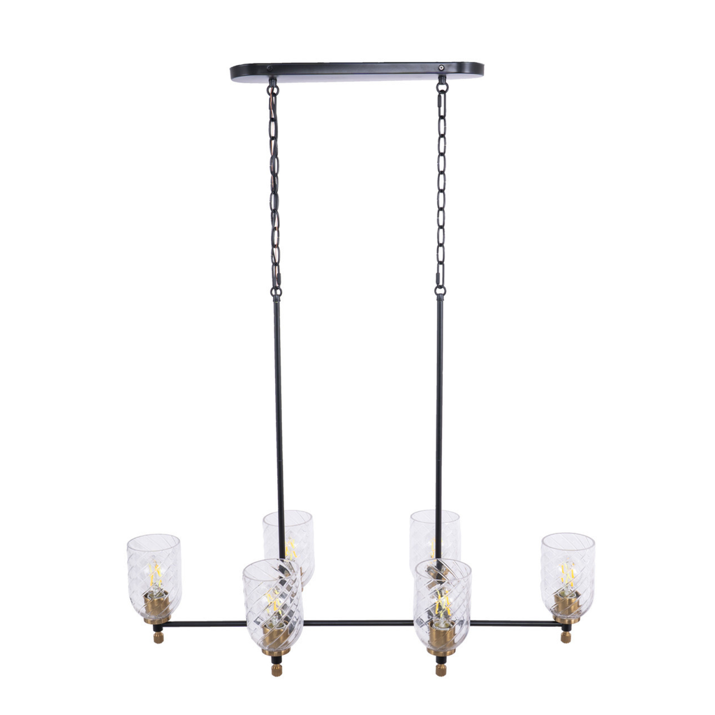 Council 6 Light Island in Flat Black/Satin Brass (Clear Swirl Texture Glass)