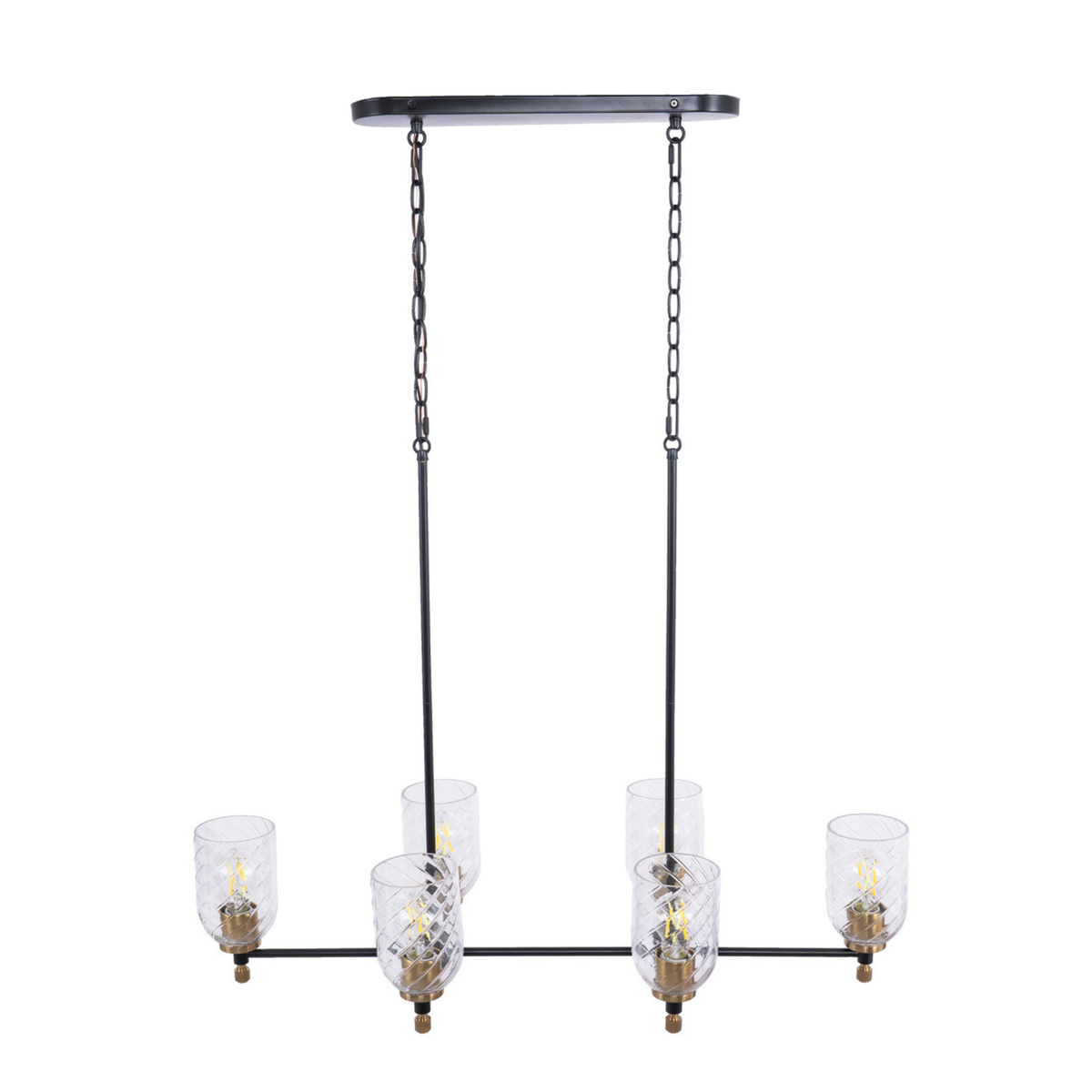 Council 6 Light Island in Flat Black/Satin Brass (Clear Swirl Texture Glass)