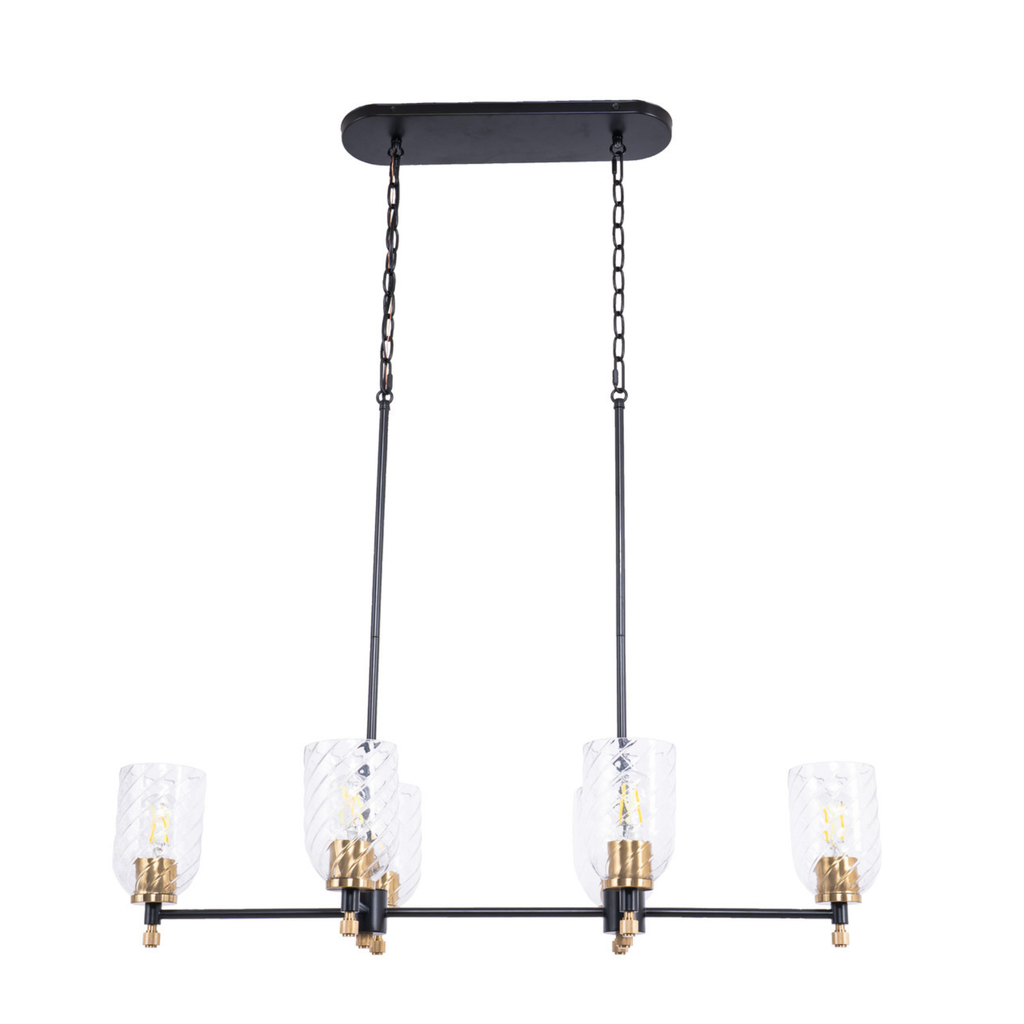 Council 6 Light Island in Flat Black/Satin Brass (Clear Swirl Texture Glass)
