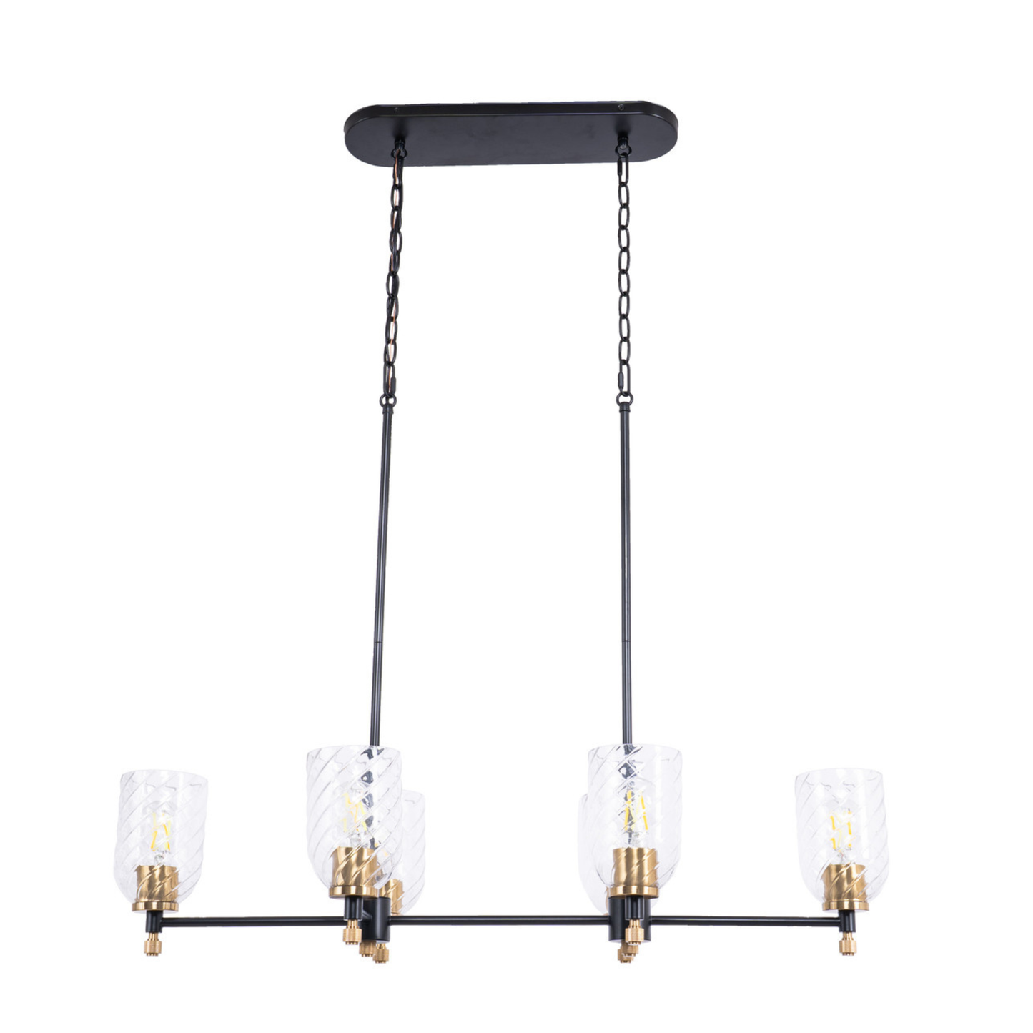Council 6 Light Island in Flat Black/Satin Brass (Clear Swirl Texture Glass)