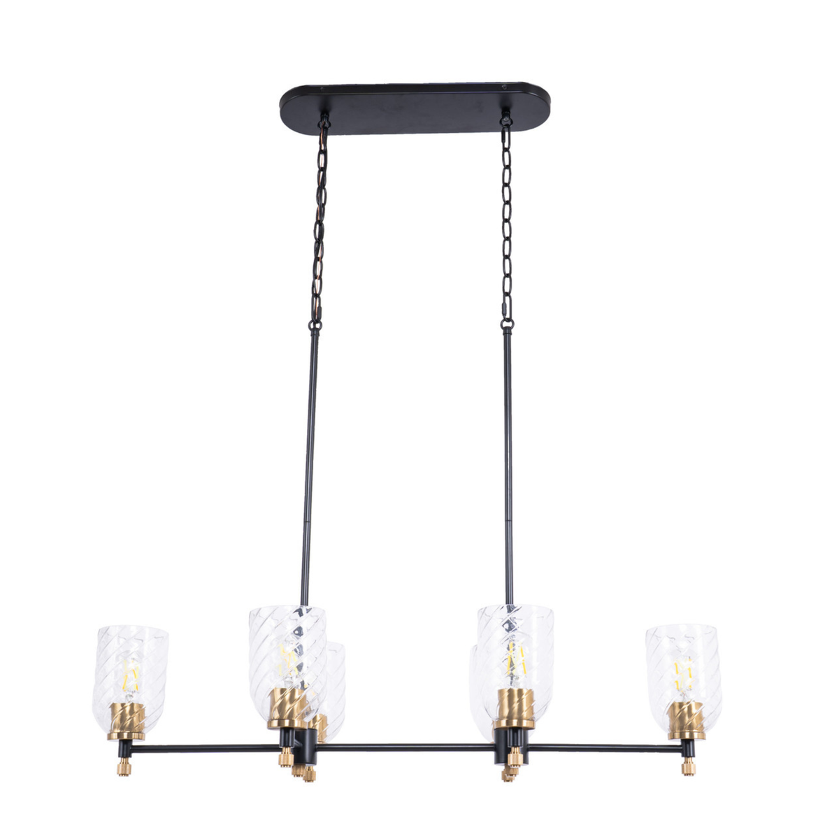 Council 6 Light Island in Flat Black/Satin Brass (Clear Swirl Texture Glass)