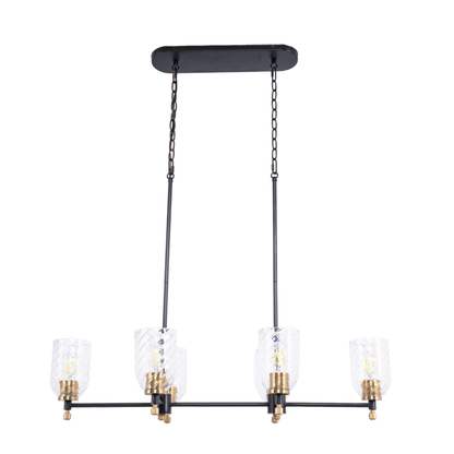 Council 6 Light Island in Flat Black/Satin Brass (Clear Swirl Texture Glass)
