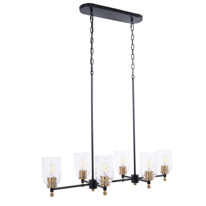 Council 6 Light Island in Flat Black/Satin Brass (Clear Swirl Texture Glass)