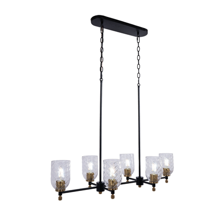 Council 6 Light Island in Flat Black/Satin Brass (Clear Swirl Texture Glass)