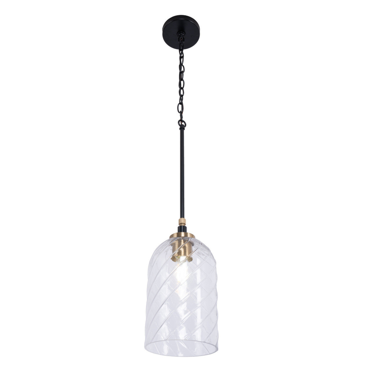 Council 1 Light Pendant in Flat Black/Satin Brass (Clear Swirl Texture Glass)