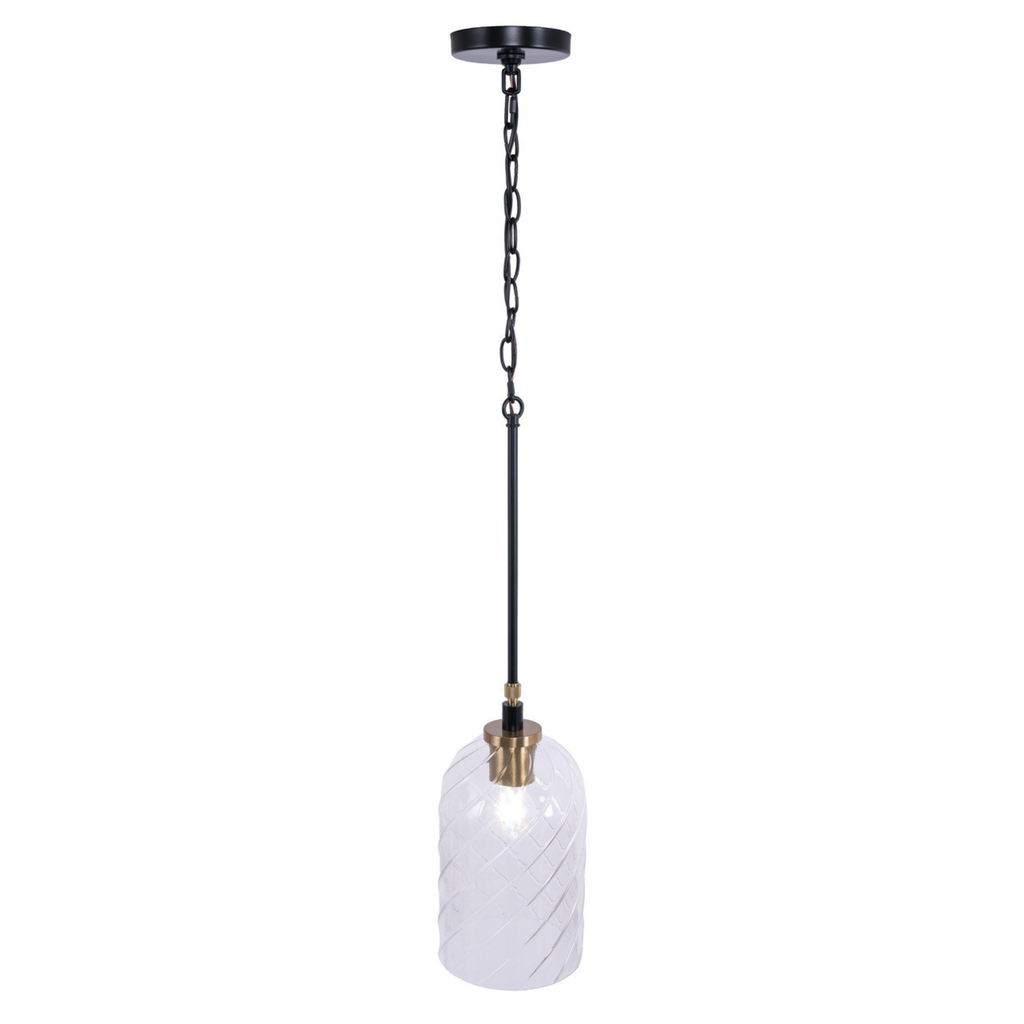 Council 1 Light Pendant in Flat Black/Satin Brass (Clear Swirl Texture Glass)