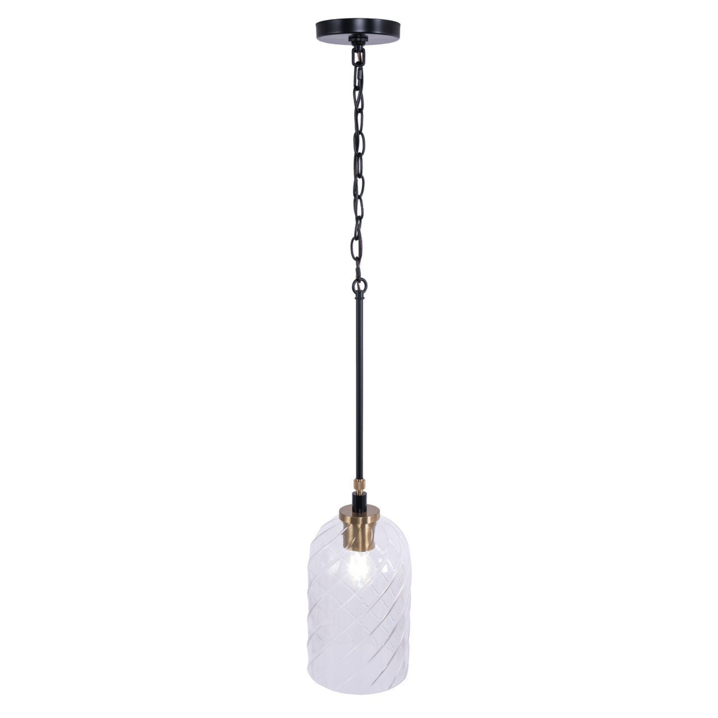 Council 1 Light Pendant in Flat Black/Satin Brass (Clear Swirl Texture Glass)