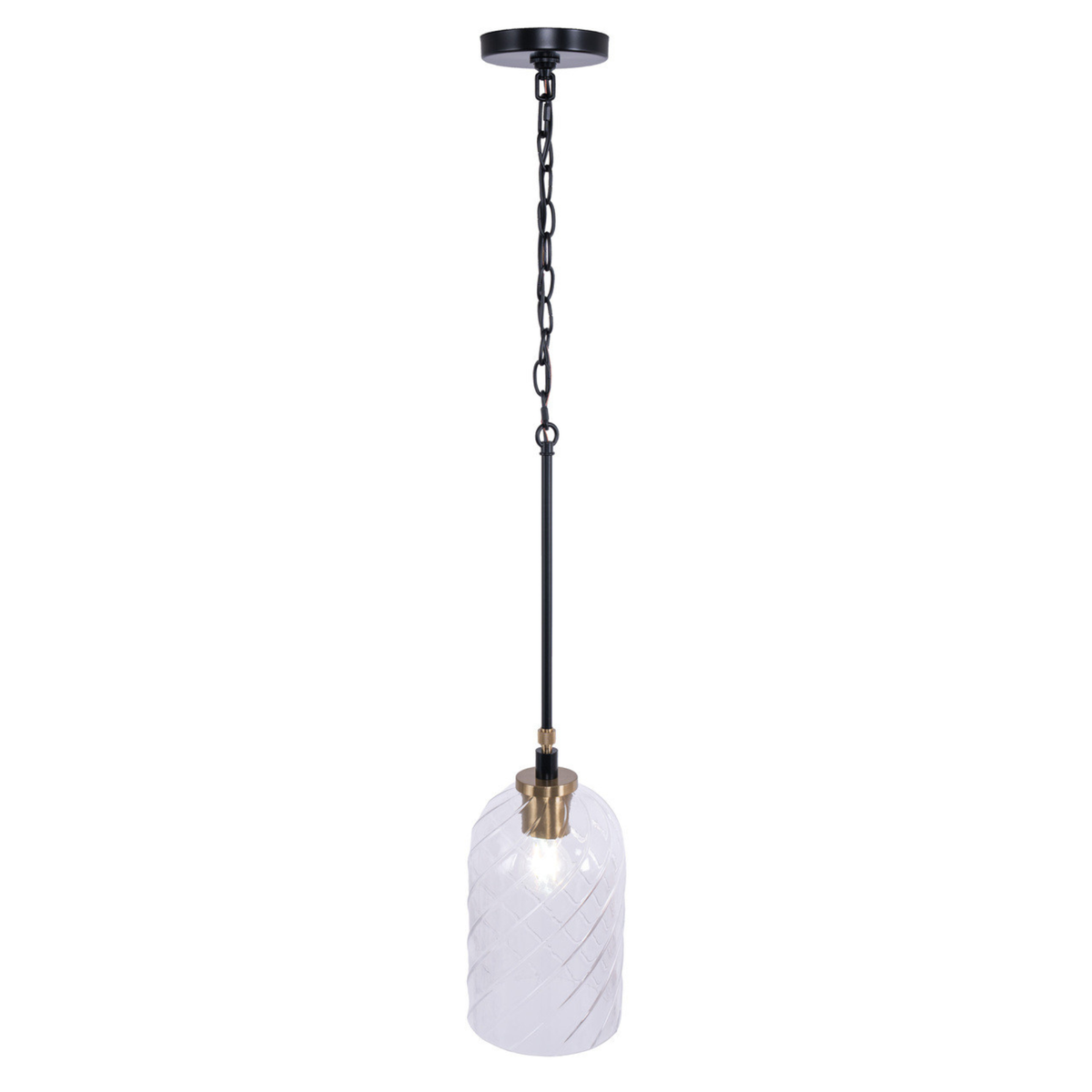 Council 1 Light Pendant in Flat Black/Satin Brass (Clear Swirl Texture Glass)