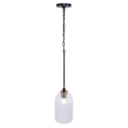 Council 1 Light Pendant in Flat Black/Satin Brass (Clear Swirl Texture Glass)