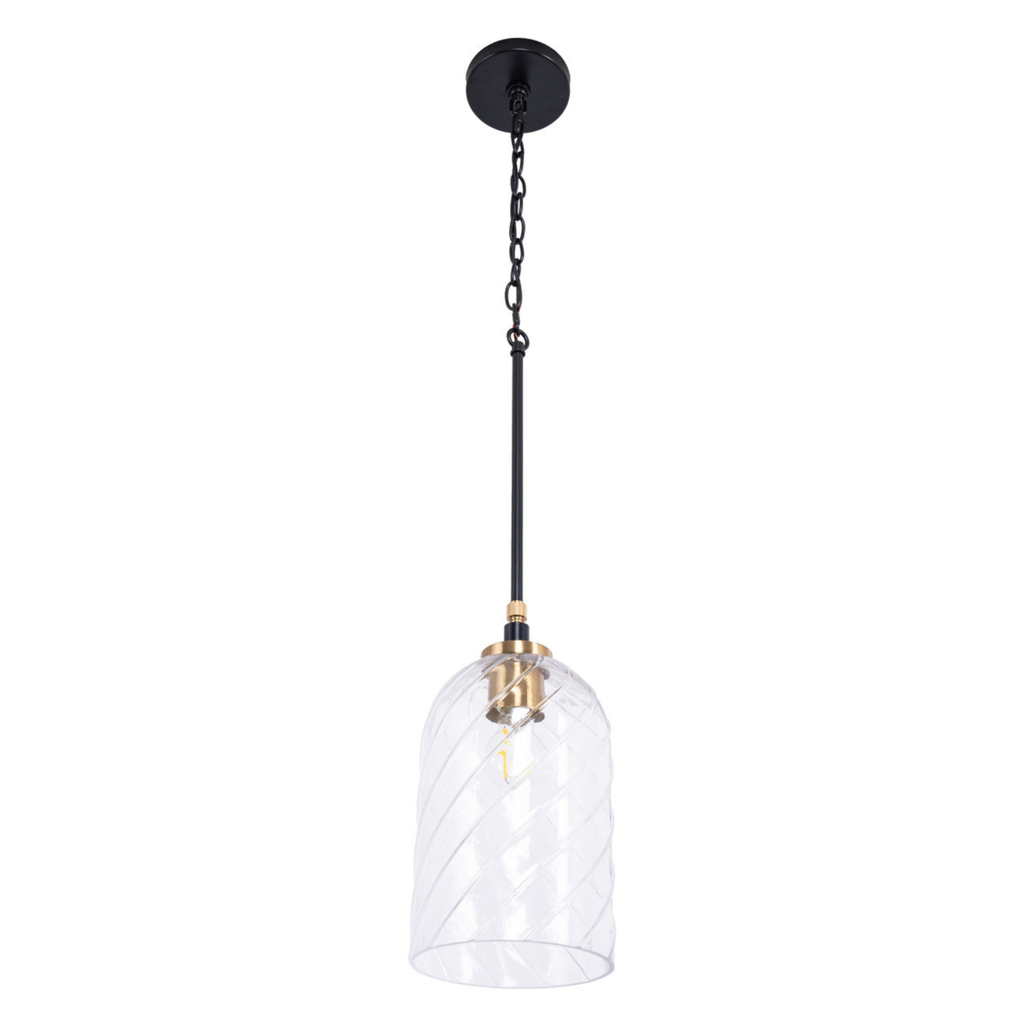 Council 1 Light Pendant in Flat Black/Satin Brass (Clear Swirl Texture Glass)