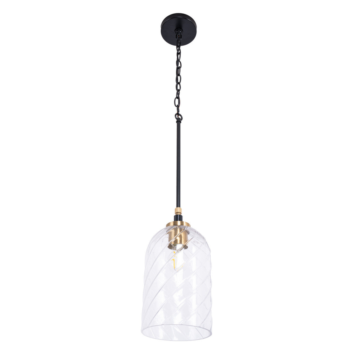 Council 1 Light Pendant in Flat Black/Satin Brass (Clear Swirl Texture Glass)