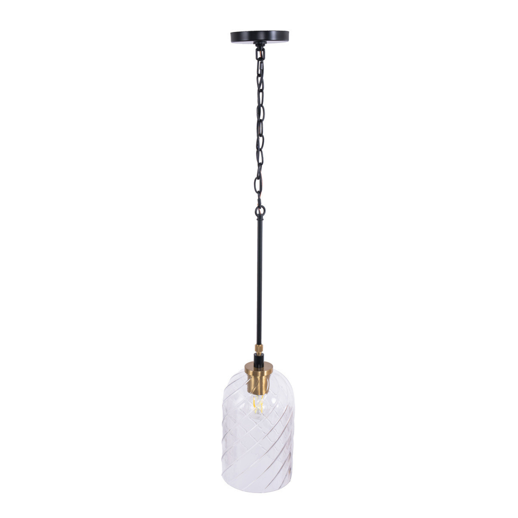 Council 1 Light Pendant in Flat Black/Satin Brass (Clear Swirl Texture Glass)