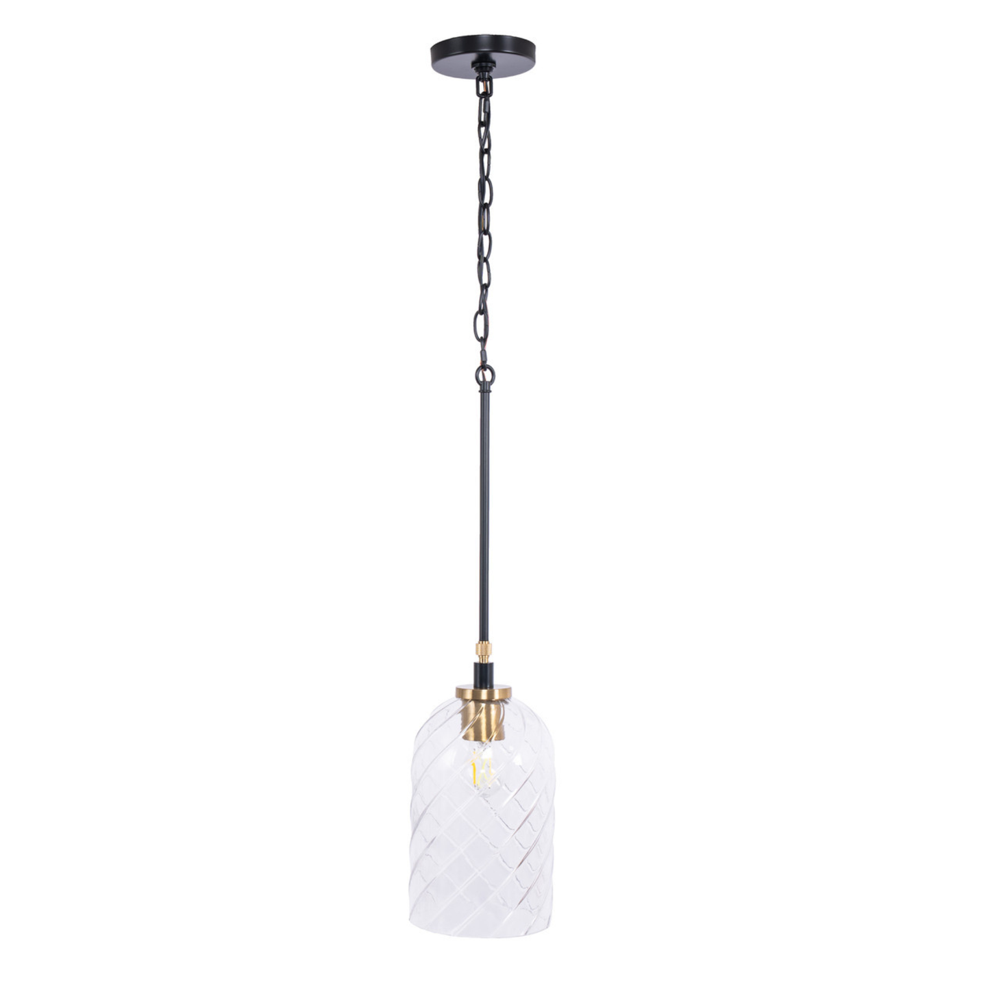 Council 1 Light Pendant in Flat Black/Satin Brass (Clear Swirl Texture Glass)