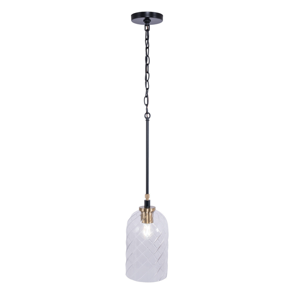 Council 1 Light Pendant in Flat Black/Satin Brass (Clear Swirl Texture Glass)