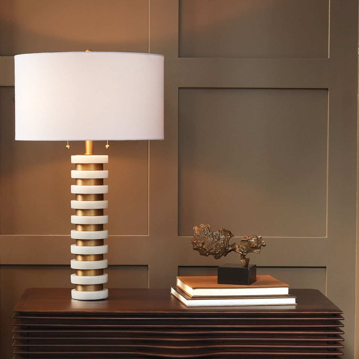 Global Views Chiamaka Marble Stack Lamp – White lifestyle view