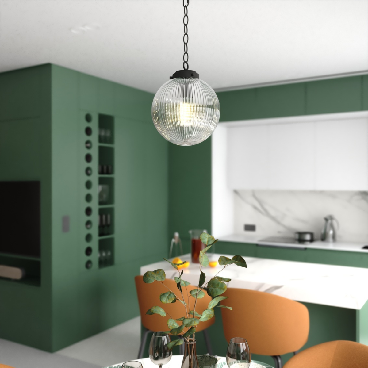Linden 10-in. W 1 Light Globe Pendant With Clear Ribbed Glass