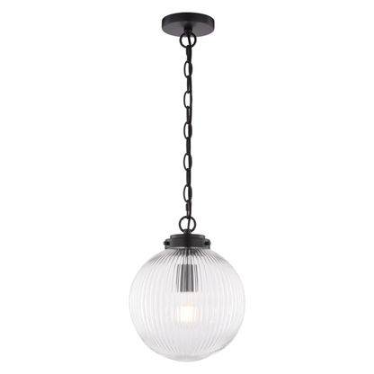 Linden 10-in. W 1 Light Globe Pendant Matte Black With Clear Ribbed Glass